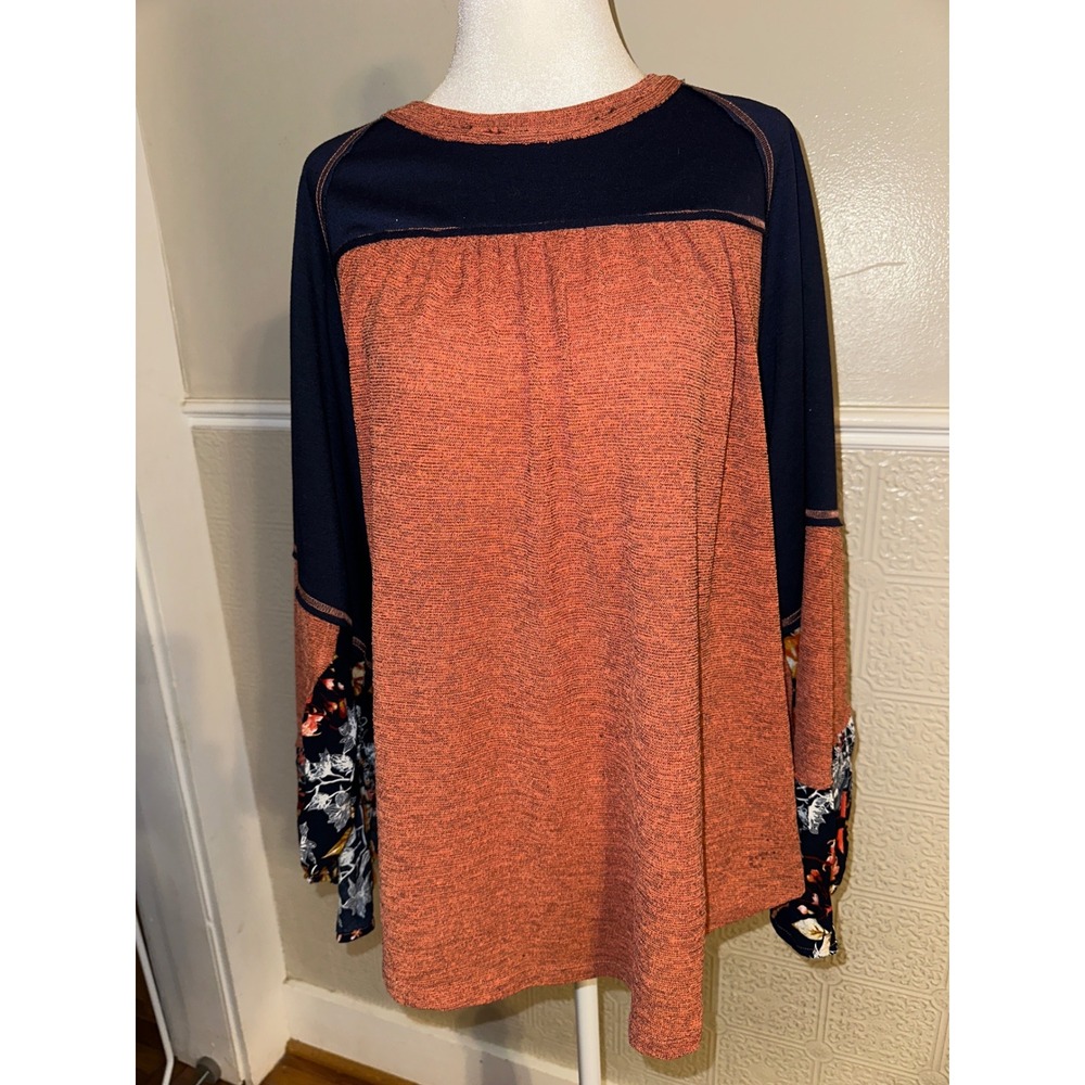 Jodifl Womens Rust Orange Navy Blue Floral Ruffle Sleeve Babydoll Top B3600 S